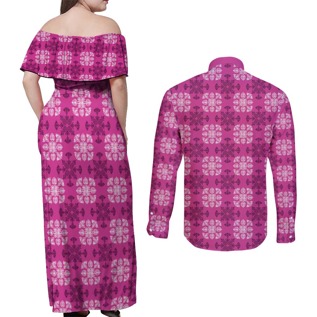 Pink Hawaiian Quilt Couples Matching Off Shoulder Maxi Dress and Long Sleeve Button Shirt Hawaii Pineapple Monstera Palaka Motifs LT14 - Polynesian Pride