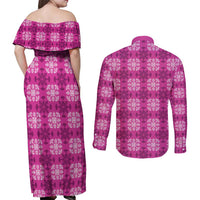 Pink Hawaiian Quilt Couples Matching Off Shoulder Maxi Dress and Long Sleeve Button Shirt Hawaii Pineapple Monstera Palaka Motifs LT14 - Polynesian Pride