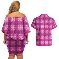 Pink Hawaiian Quilt Couples Matching Off Shoulder Short Dress and Hawaiian Shirt Hawaii Pineapple Monstera Palaka Motifs LT14 - Polynesian Pride