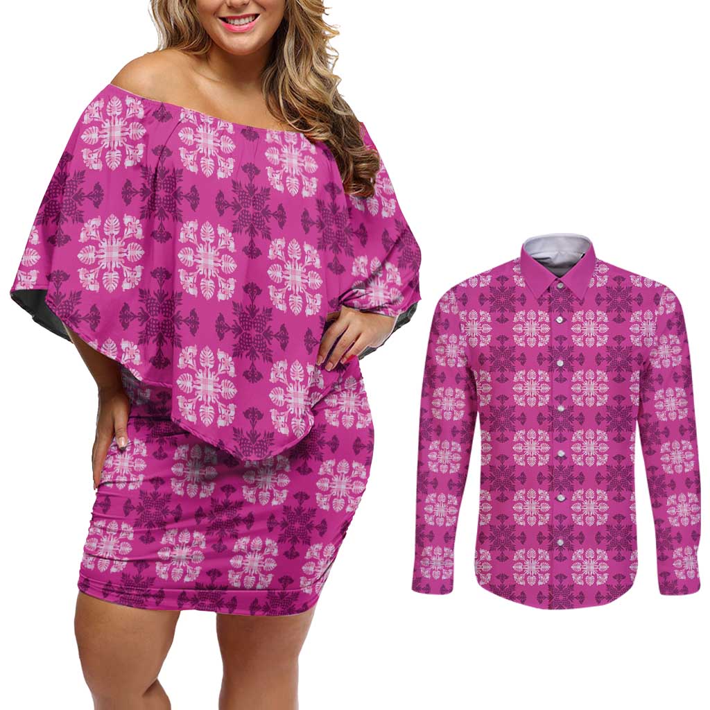 Pink Hawaiian Quilt Couples Matching Off Shoulder Short Dress and Long Sleeve Button Shirt Hawaii Pineapple Monstera Palaka Motifs LT14 Pink - Polynesian Pride