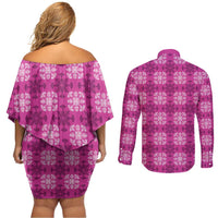 Pink Hawaiian Quilt Couples Matching Off Shoulder Short Dress and Long Sleeve Button Shirt Hawaii Pineapple Monstera Palaka Motifs LT14 - Polynesian Pride