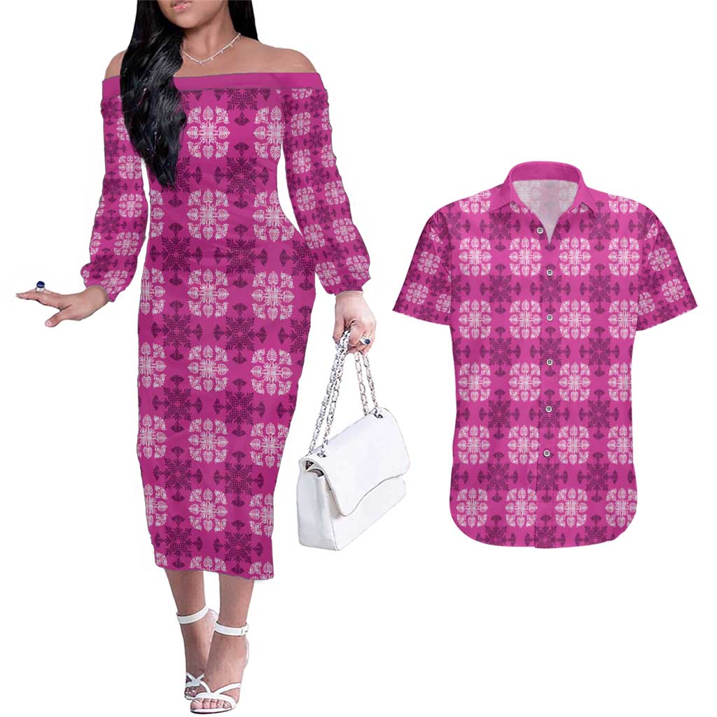 Pink Hawaiian Quilt Couples Matching Off The Shoulder Long Sleeve Dress and Hawaiian Shirt Hawaii Pineapple Monstera Palaka Motifs - Polynesian Pride