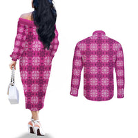 Pink Hawaiian Quilt Couples Matching Off The Shoulder Long Sleeve Dress and Long Sleeve Button Shirt Hawaii Pineapple Monstera Palaka Motifs LT14 - Polynesian Pride
