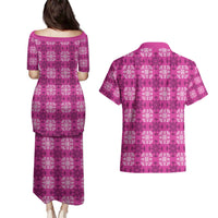 Pink Hawaiian Quilt Couples Matching Puletasi and Hawaiian Shirt Hawaii Pineapple Monstera Palaka Motifs LT14 - Polynesian Pride