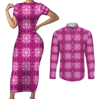Pink Hawaiian Quilt Couples Matching Short Sleeve Bodycon Dress and Long Sleeve Button Shirt Hawaii Pineapple Monstera Palaka Motifs LT14 Pink - Polynesian Pride