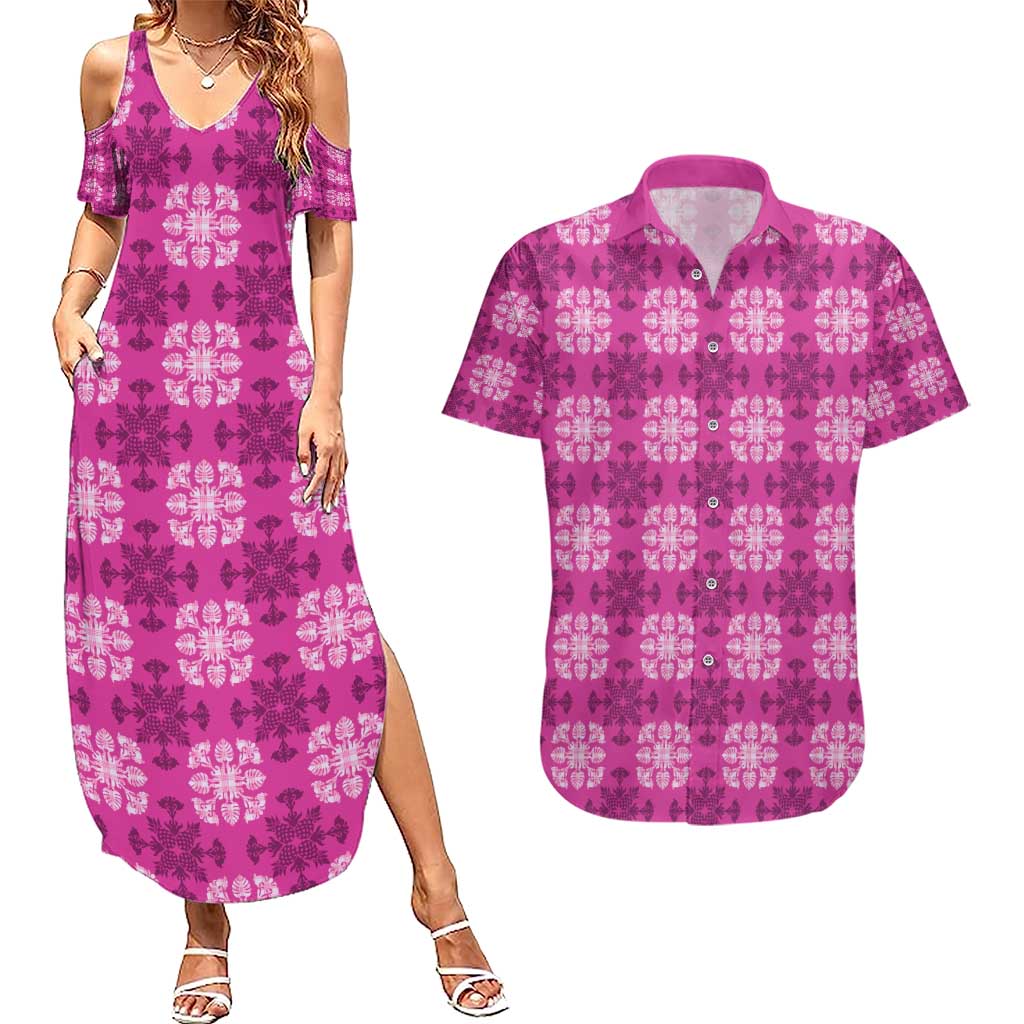 Pink Hawaiian Quilt Couples Matching Summer Maxi Dress and Hawaiian Shirt Hawaii Pineapple Monstera Palaka Motifs - Polynesian Pride
