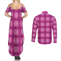 Pink Hawaiian Quilt Couples Matching Summer Maxi Dress and Long Sleeve Button Shirt Hawaii Pineapple Monstera Palaka Motifs LT14 - Polynesian Pride