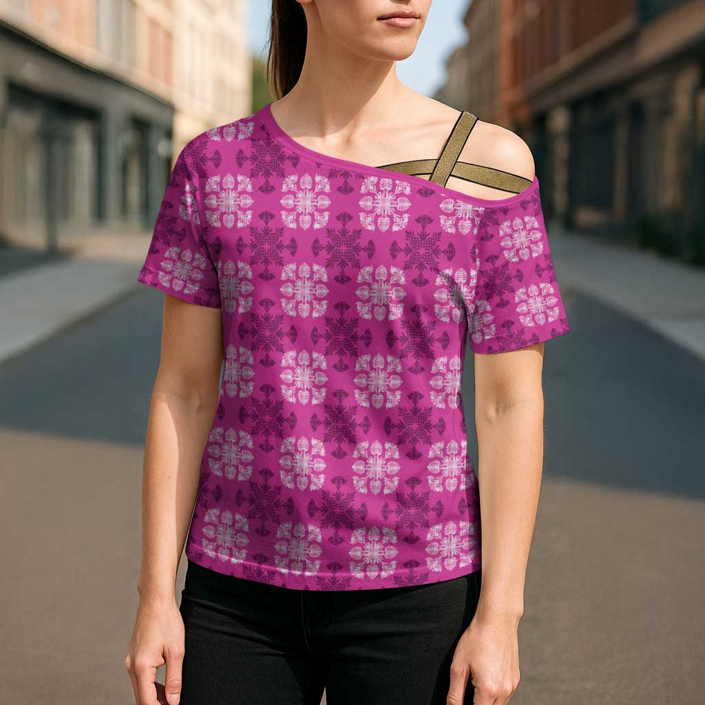 Pink Hawaiian Quilt Cross Shoulder Shirt Hawaii Pineapple Monstera Palaka Motifs - Polynesian Pride