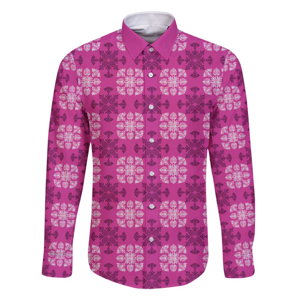 Pink Hawaiian Quilt Family Matching Long Sleeve Bodycon Dress and Hawaiian Shirt Hawaii Pineapple Monstera Palaka Motifs LT14 Dad's Shirt - Long Sleeve Pink - Polynesian Pride