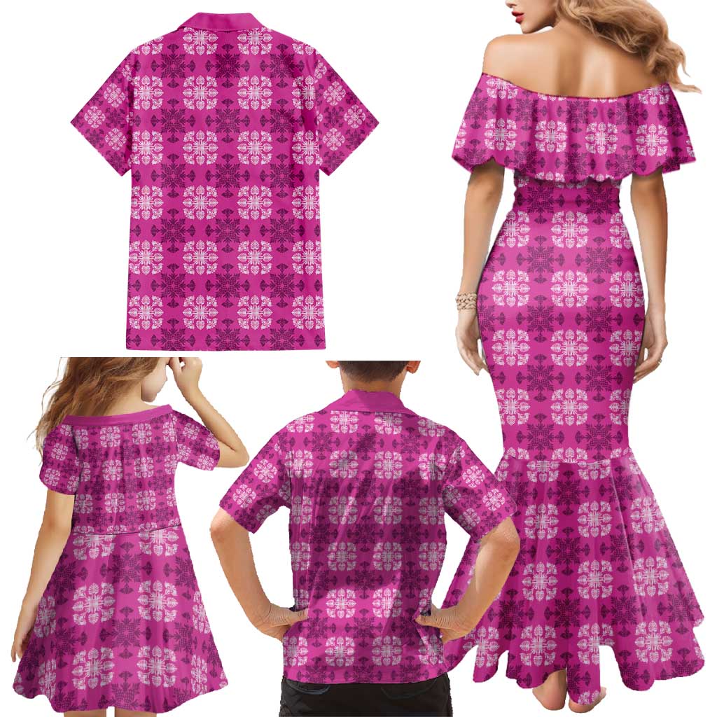 Pink Hawaiian Quilt Family Matching Mermaid Dress and Hawaiian Shirt Hawaii Pineapple Monstera Palaka Motifs LT14 - Polynesian Pride