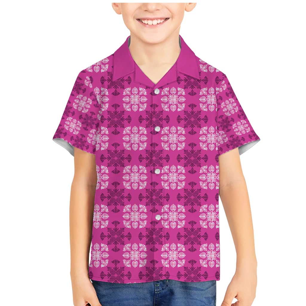 Pink Hawaiian Quilt Family Matching Mermaid Dress and Hawaiian Shirt Hawaii Pineapple Monstera Palaka Motifs LT14 Son's Shirt Pink - Polynesian Pride