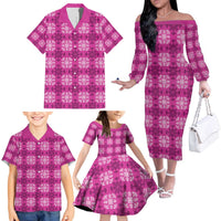 Pink Hawaiian Quilt Family Matching Off The Shoulder Long Sleeve Dress and Hawaiian Shirt Hawaii Pineapple Monstera Palaka Motifs LT14 - Polynesian Pride