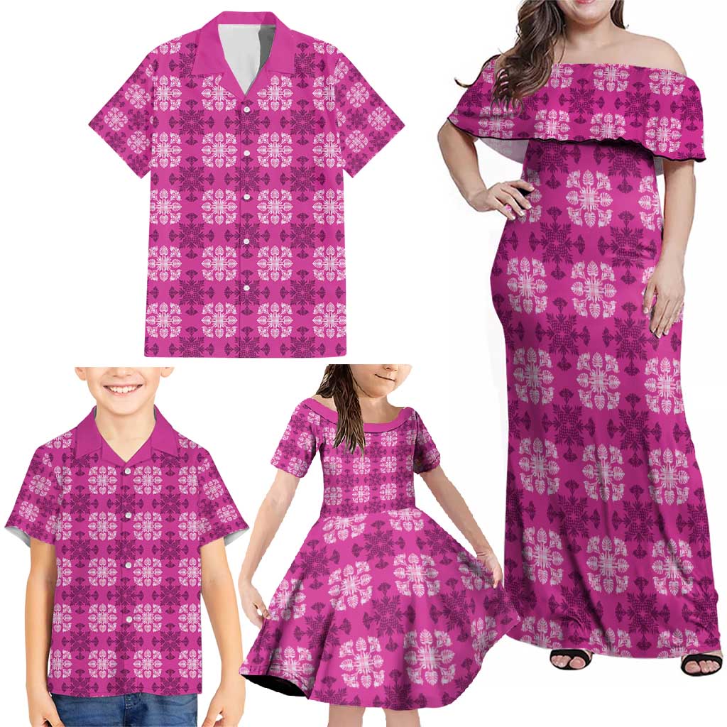 Pink Hawaiian Quilt Family Matching Off Shoulder Maxi Dress and Hawaiian Shirt Hawaii Pineapple Monstera Palaka Motifs LT14 - Polynesian Pride