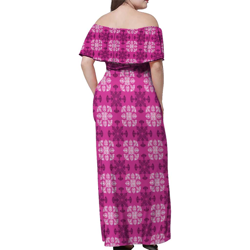 Pink Hawaiian Quilt Family Matching Off Shoulder Maxi Dress and Hawaiian Shirt Hawaii Pineapple Monstera Palaka Motifs LT14 - Polynesian Pride