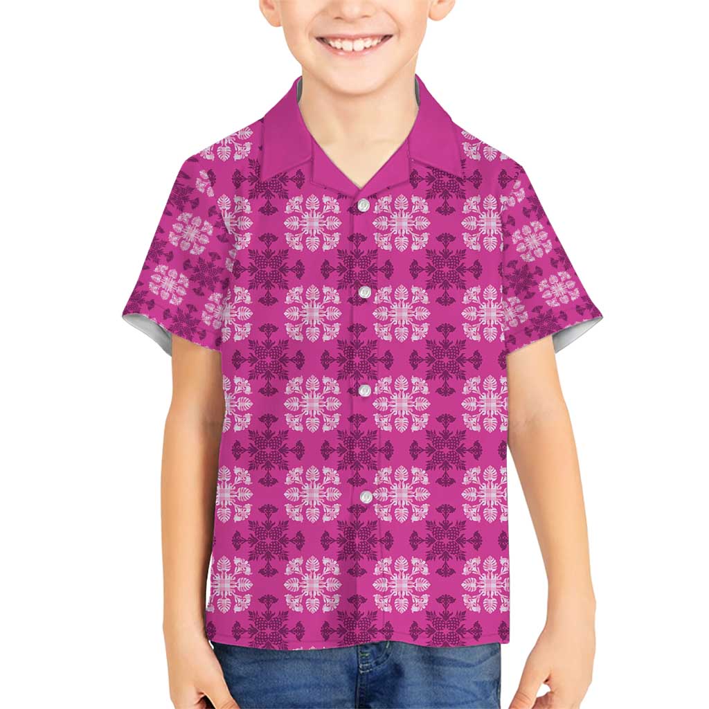 Pink Hawaiian Quilt Family Matching Off Shoulder Maxi Dress and Hawaiian Shirt Hawaii Pineapple Monstera Palaka Motifs LT14 Son's Shirt Pink - Polynesian Pride