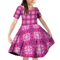 Pink Hawaiian Quilt Family Matching Off Shoulder Short Dress and Hawaiian Shirt Hawaii Pineapple Monstera Palaka Motifs LT14 Daughter's Dress Pink - Polynesian Pride