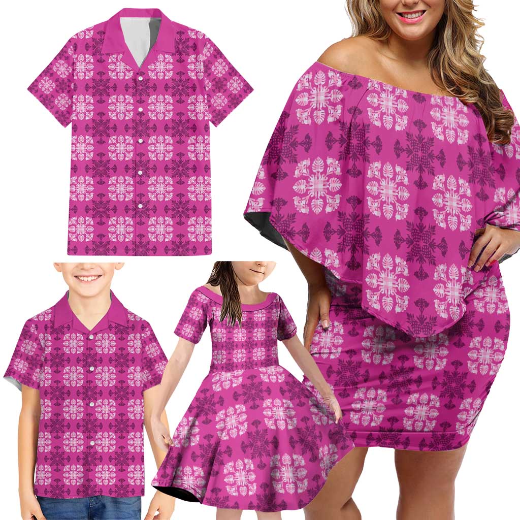 Pink Hawaiian Quilt Family Matching Off Shoulder Short Dress and Hawaiian Shirt Hawaii Pineapple Monstera Palaka Motifs LT14 - Polynesian Pride