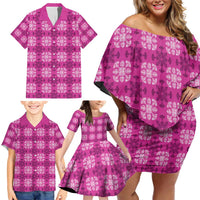 Pink Hawaiian Quilt Family Matching Off Shoulder Short Dress and Hawaiian Shirt Hawaii Pineapple Monstera Palaka Motifs LT14 - Polynesian Pride