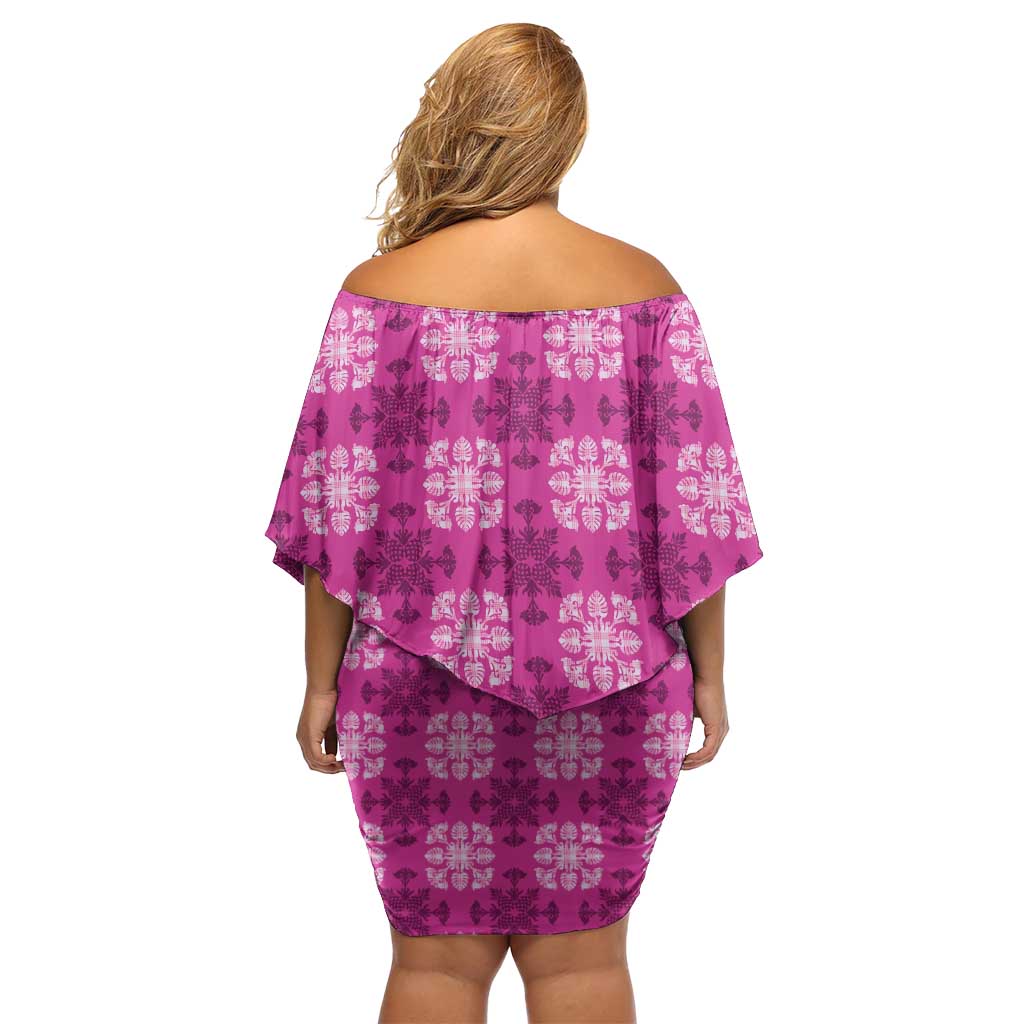 Pink Hawaiian Quilt Family Matching Off Shoulder Short Dress and Hawaiian Shirt Hawaii Pineapple Monstera Palaka Motifs LT14 - Polynesian Pride