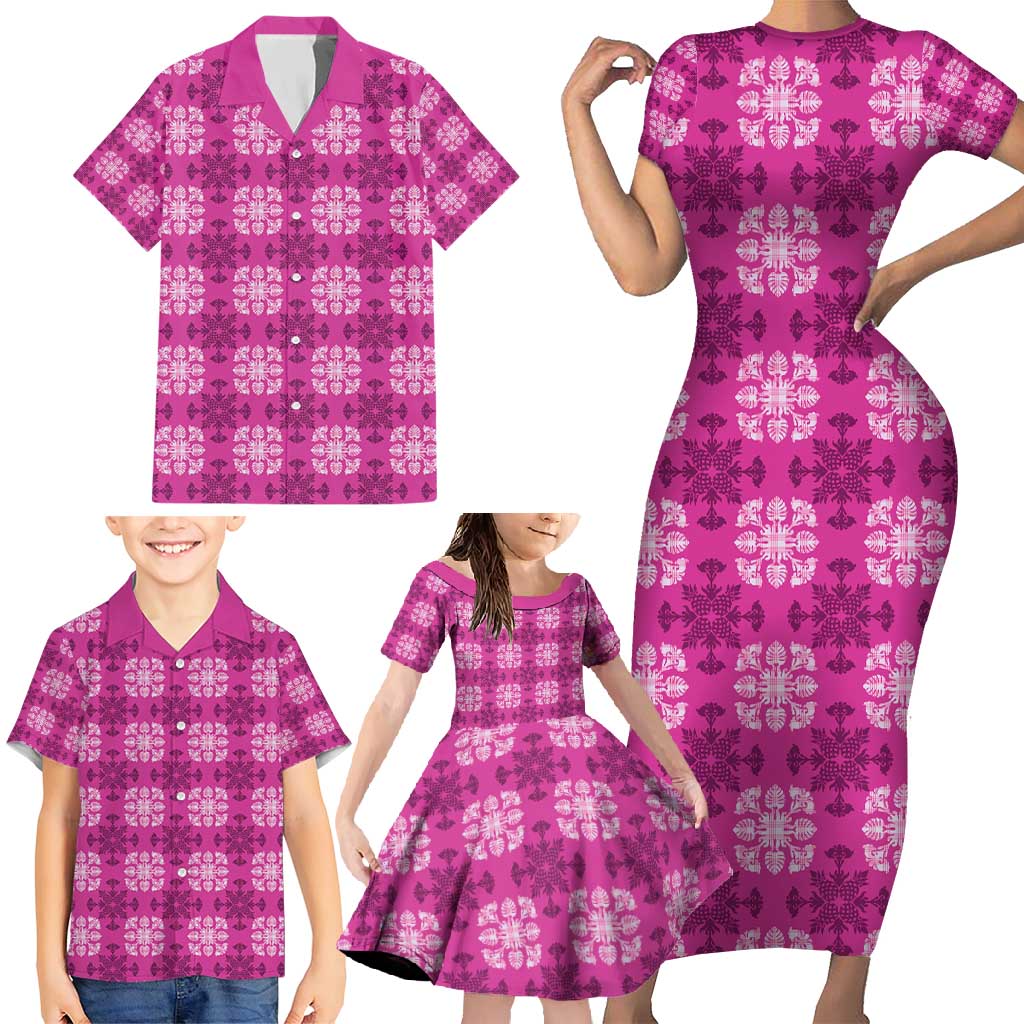 Pink Hawaiian Quilt Family Matching Short Sleeve Bodycon Dress and Hawaiian Shirt Hawaii Pineapple Monstera Palaka Motifs LT14 - Polynesian Pride