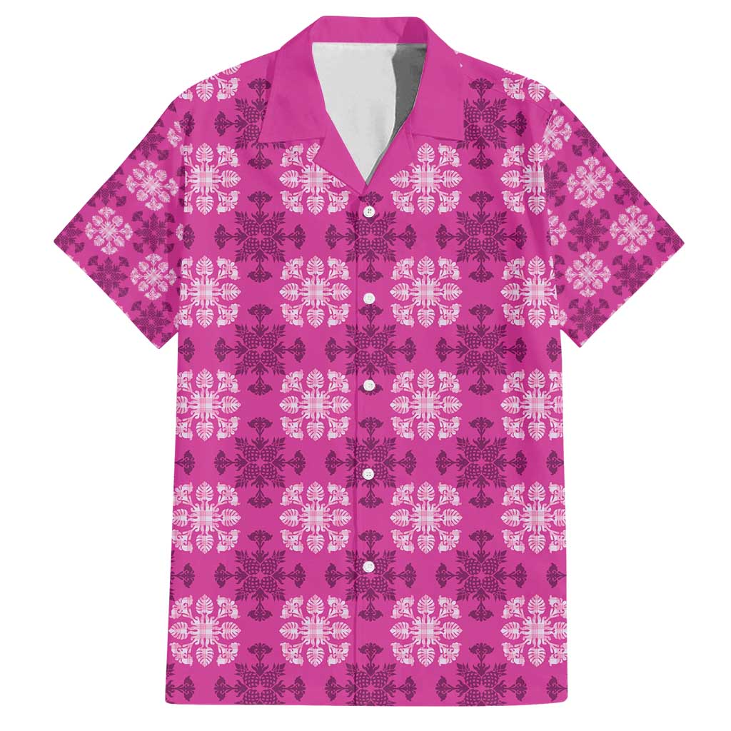 Pink Hawaiian Quilt Family Matching Summer Maxi Dress and Hawaiian Shirt Hawaii Pineapple Monstera Palaka Motifs LT14 Dad's Shirt - Short Sleeve Pink - Polynesian Pride