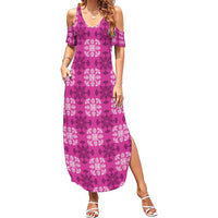 Pink Hawaiian Quilt Family Matching Summer Maxi Dress and Hawaiian Shirt Hawaii Pineapple Monstera Palaka Motifs LT14 Mom's Dress Pink - Polynesian Pride