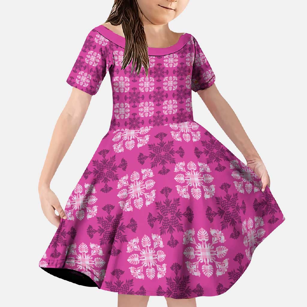 Pink Hawaiian Quilt Family Matching Tank Maxi Dress and Hawaiian Shirt Hawaii Pineapple Monstera Palaka Motifs LT14 Daughter's Dress Pink - Polynesian Pride