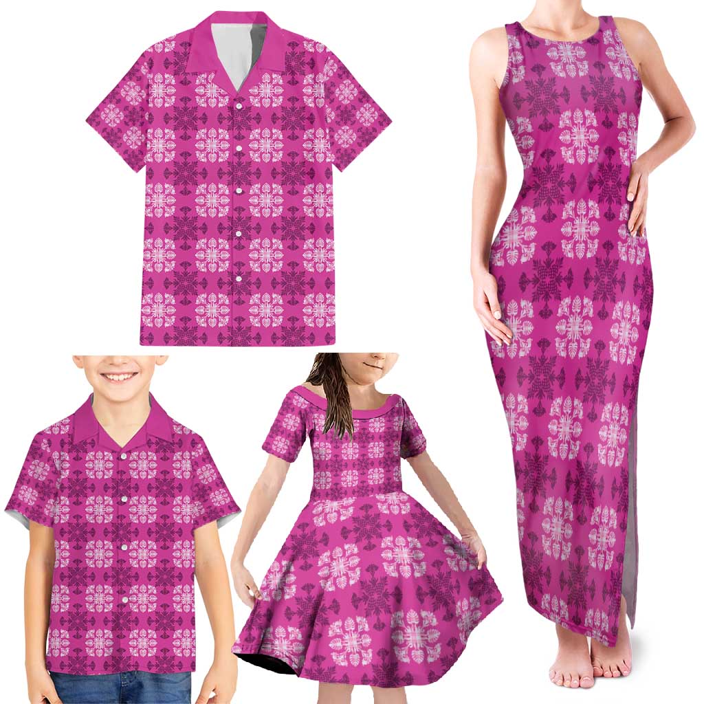 Pink Hawaiian Quilt Family Matching Tank Maxi Dress and Hawaiian Shirt Hawaii Pineapple Monstera Palaka Motifs LT14 - Polynesian Pride