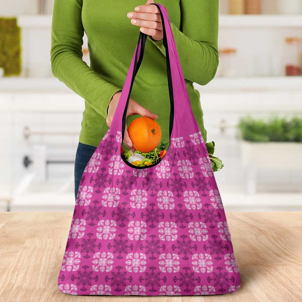 Pink Hawaiian Quilt Grocery Bag Hawaii Pineapple Monstera Palaka Motifs - Polynesian Pride