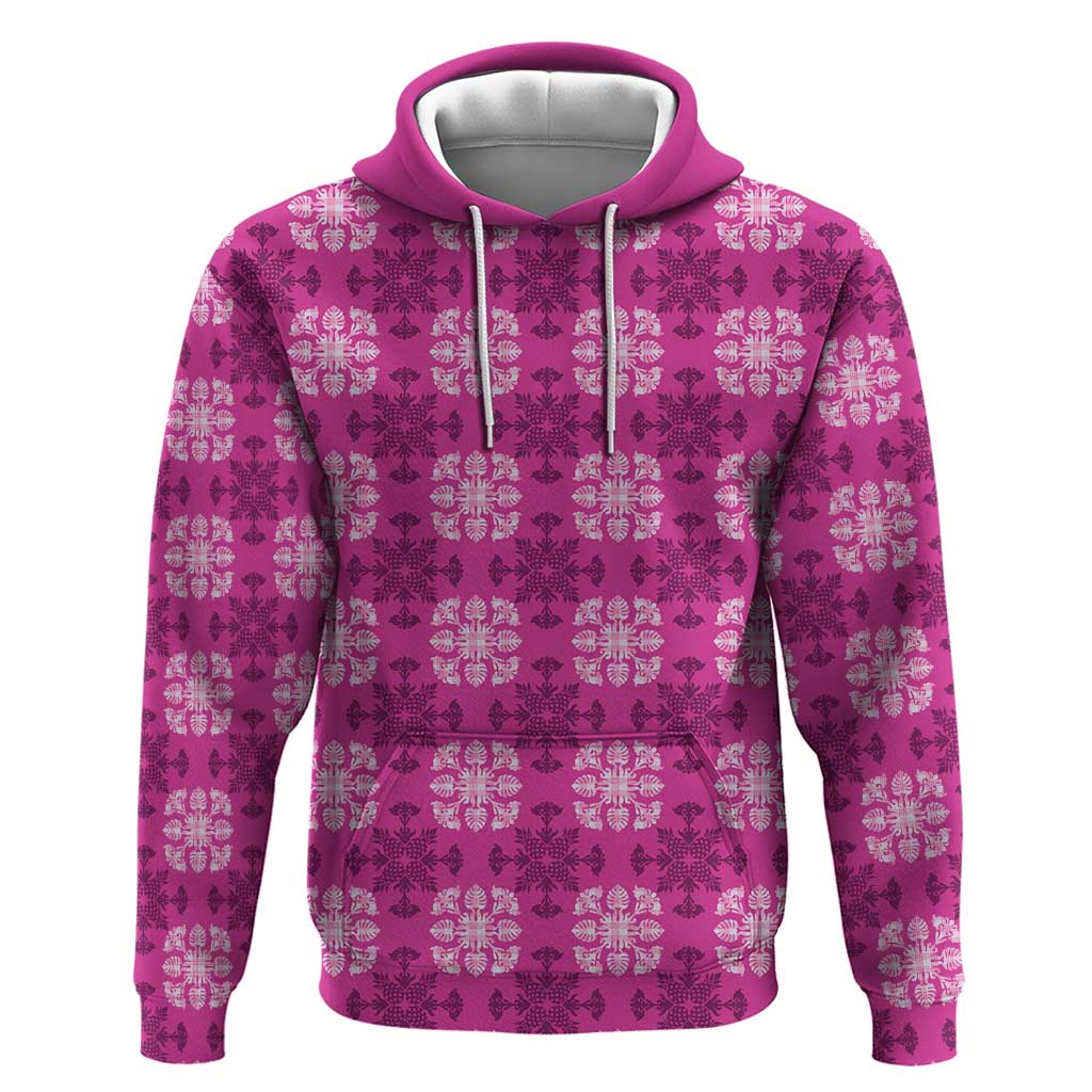 Pink Hawaiian Quilt Hoodie Hawaii Pineapple Monstera Palaka Motifs - Polynesian Pride