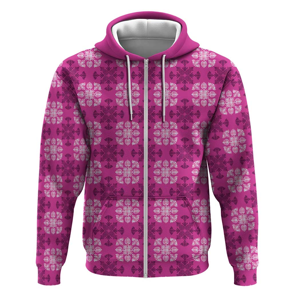 Pink Hawaiian Quilt Hoodie Hawaii Pineapple Monstera Palaka Motifs - Polynesian Pride