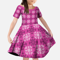 Pink Hawaiian Quilt Kid Short Sleeve Dress Hawaii Pineapple Monstera Palaka Motifs - Polynesian Pride