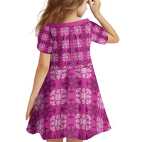 Pink Hawaiian Quilt Kid Short Sleeve Dress Hawaii Pineapple Monstera Palaka Motifs - Polynesian Pride