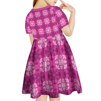 Pink Hawaiian Quilt Kid Short Sleeve Dress Hawaii Pineapple Monstera Palaka Motifs - Polynesian Pride