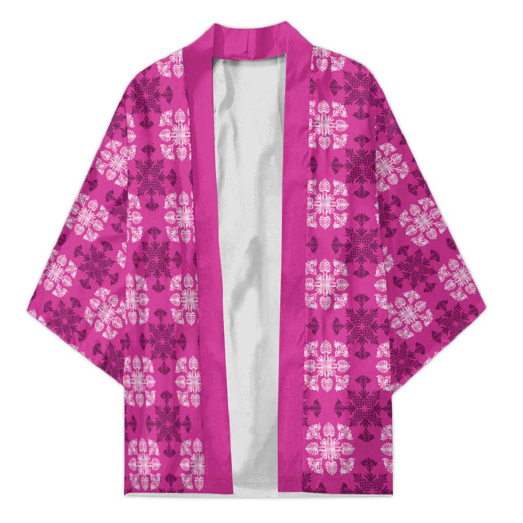 Pink Hawaiian Quilt Kimono Hawaii Pineapple Monstera Palaka Motifs - Polynesian Pride