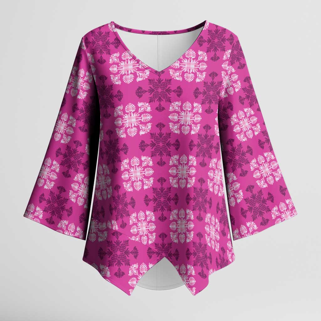 Pink Hawaiian Quilt Kimono Sleeve Blouse Hawaii Pineapple Monstera Palaka Motifs - Polynesian Pride