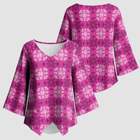 Pink Hawaiian Quilt Kimono Sleeve Blouse Hawaii Pineapple Monstera Palaka Motifs - Polynesian Pride