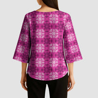 Pink Hawaiian Quilt Kimono Sleeve Blouse Hawaii Pineapple Monstera Palaka Motifs - Polynesian Pride