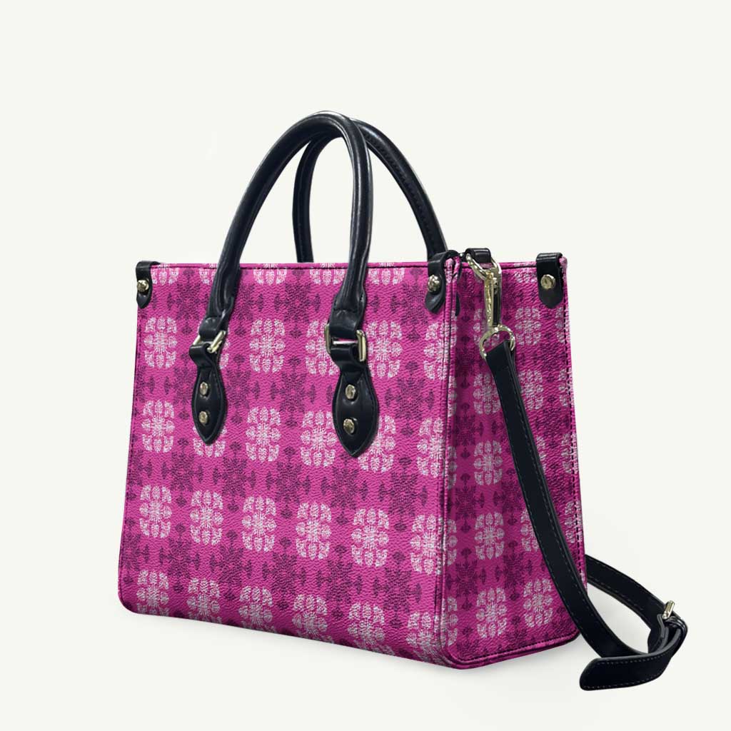 Pink Hawaiian Quilt Leather Bag Hawaii Pineapple Monstera Palaka Motifs - Polynesian Pride