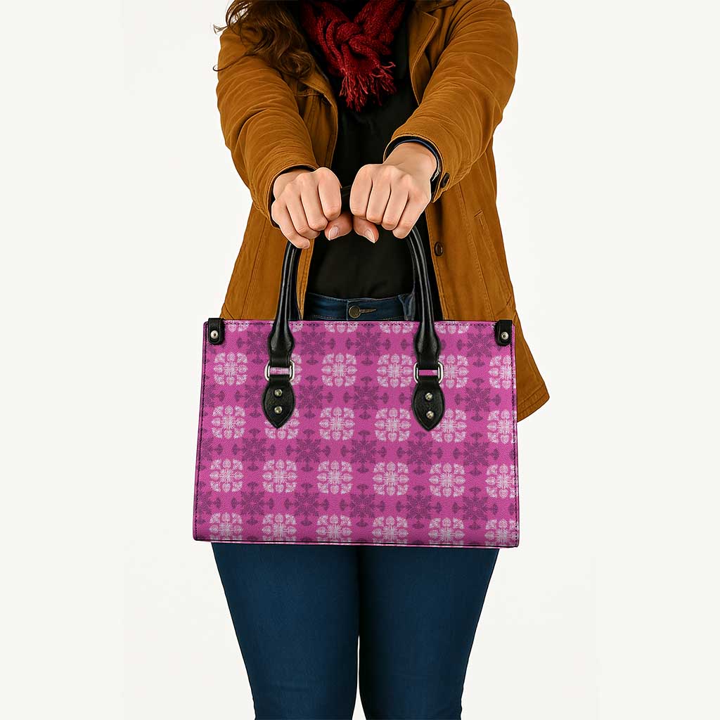 Pink Hawaiian Quilt Leather Bag Hawaii Pineapple Monstera Palaka Motifs - Polynesian Pride