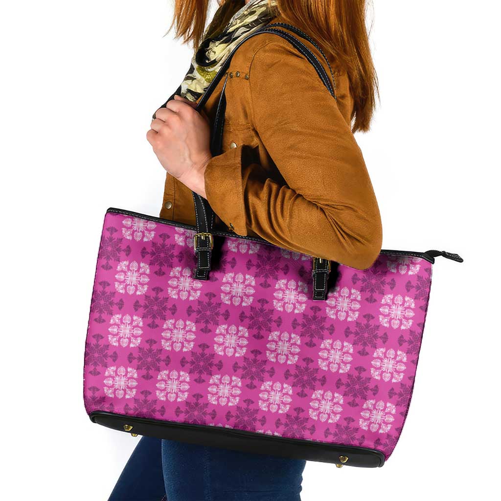 Pink Hawaiian Quilt Leather Tote Bag Hawaii Pineapple Monstera Palaka Motifs - Polynesian Pride