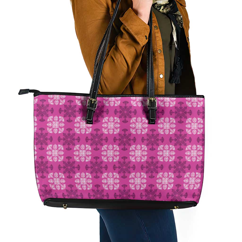 Pink Hawaiian Quilt Leather Tote Bag Hawaii Pineapple Monstera Palaka Motifs - Polynesian Pride