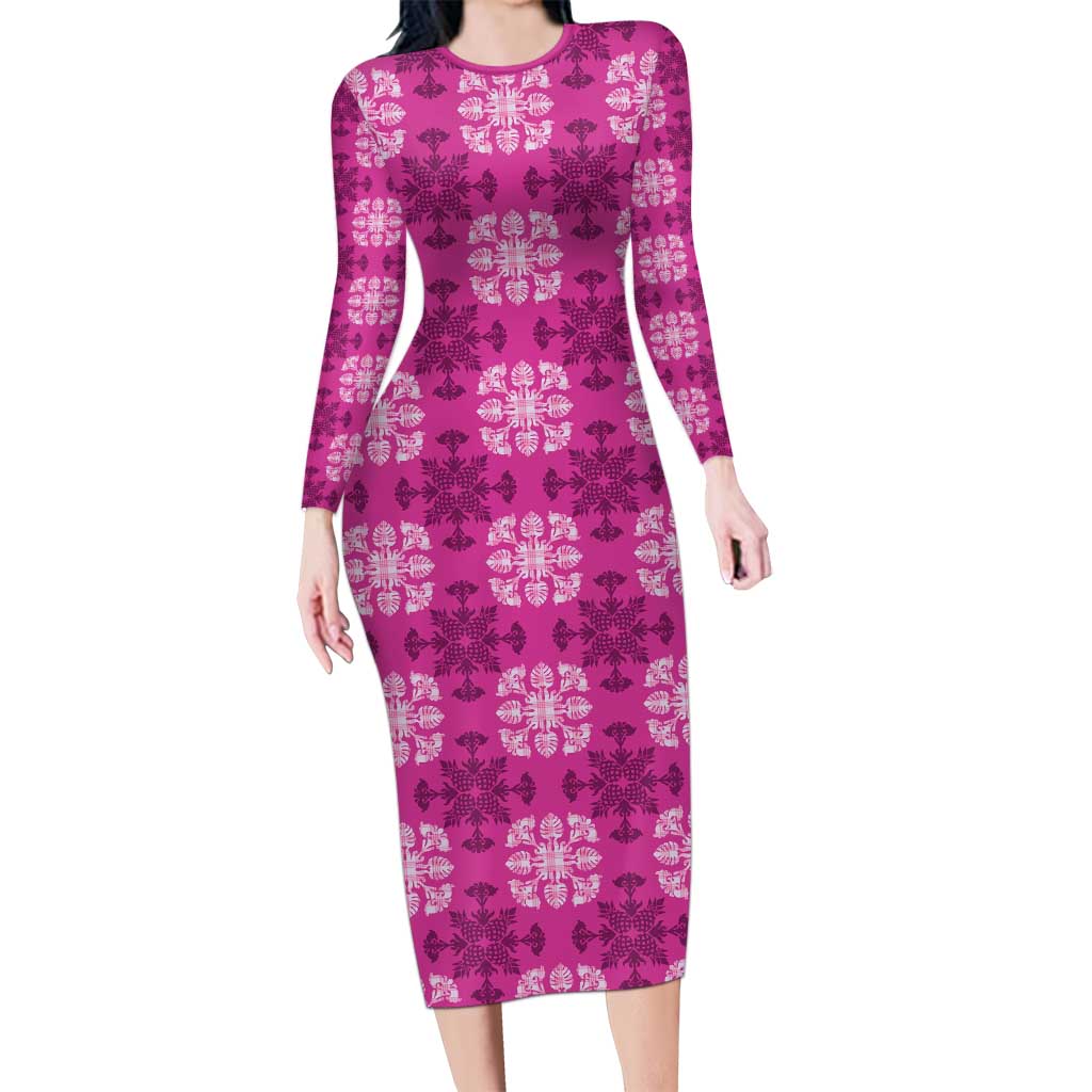 Pink Hawaiian Quilt Long Sleeve Bodycon Dress Hawaii Pineapple Monstera Palaka Motifs LT14 Long Dress Pink - Polynesian Pride