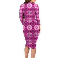 Pink Hawaiian Quilt Long Sleeve Bodycon Dress Hawaii Pineapple Monstera Palaka Motifs LT14 - Polynesian Pride