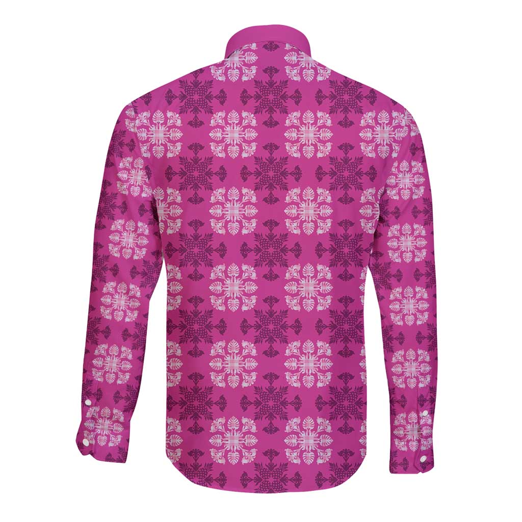 Pink Hawaiian Quilt Long Sleeve Button Shirt Hawaii Pineapple Monstera Palaka Motifs - Polynesian Pride