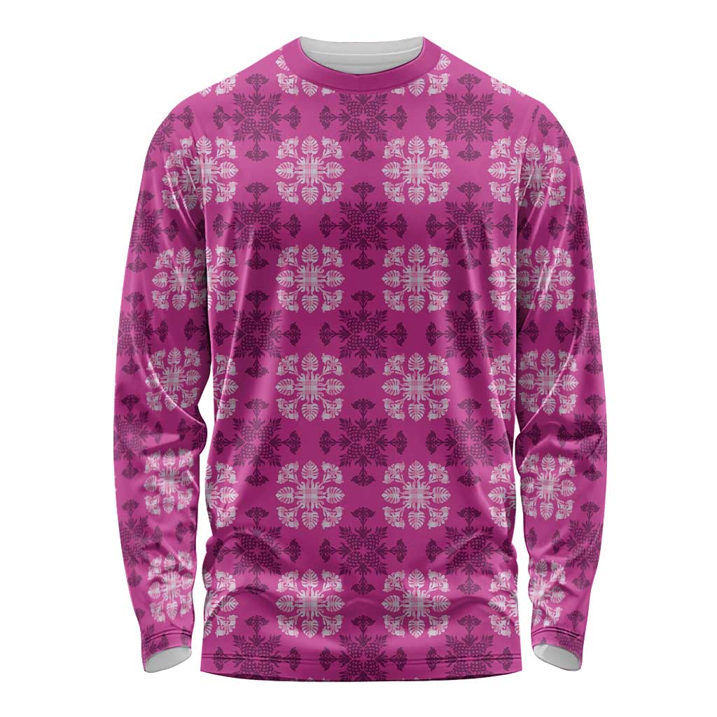Pink Hawaiian Quilt Long Sleeve Shirt Hawaii Pineapple Monstera Palaka Motifs - Polynesian Pride