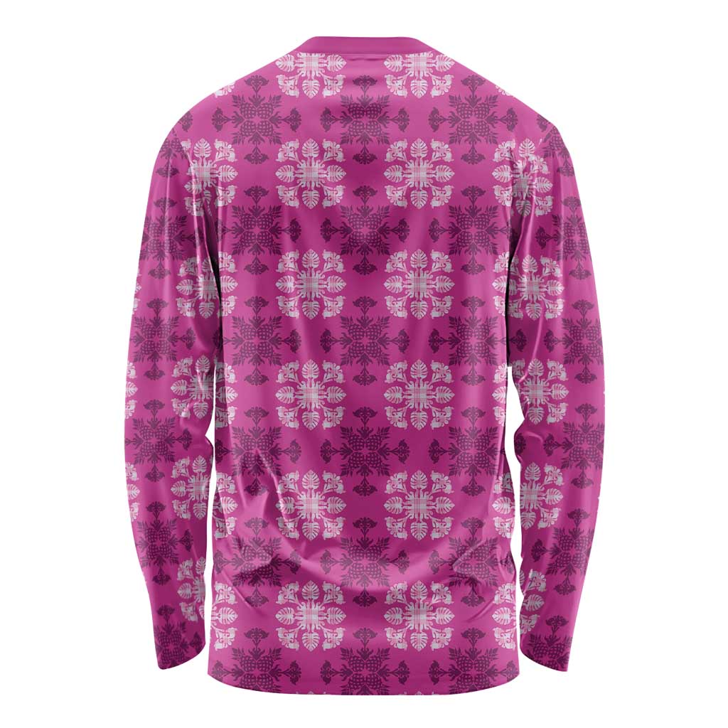Pink Hawaiian Quilt Long Sleeve Shirt Hawaii Pineapple Monstera Palaka Motifs - Polynesian Pride