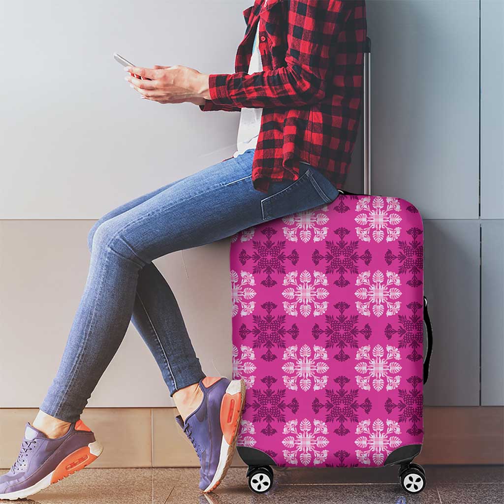 Pink Hawaiian Quilt Luggage Cover Hawaii Pineapple Monstera Palaka Motifs - Polynesian Pride