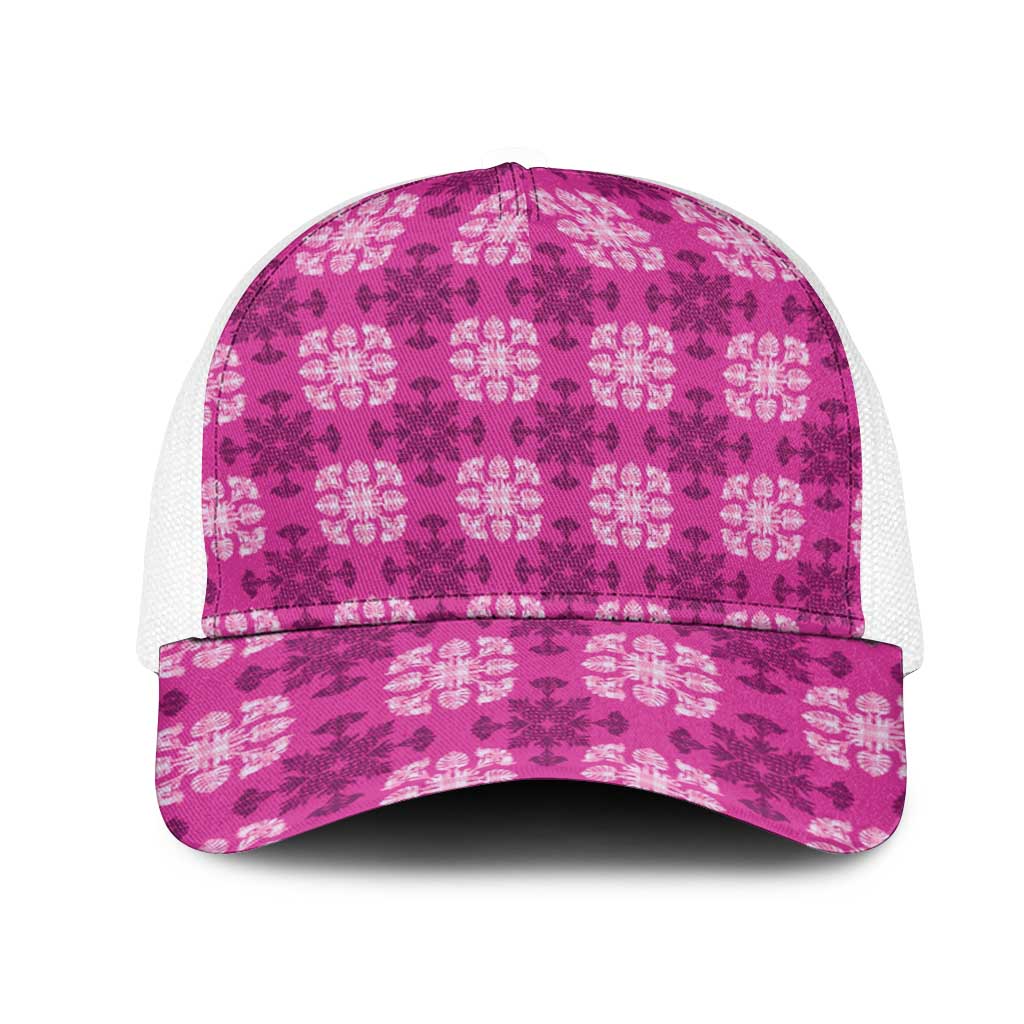 Pink Hawaiian Quilt Mesh Trucker Cap Hawaii Pineapple Monstera Palaka Motifs - Polynesian Pride