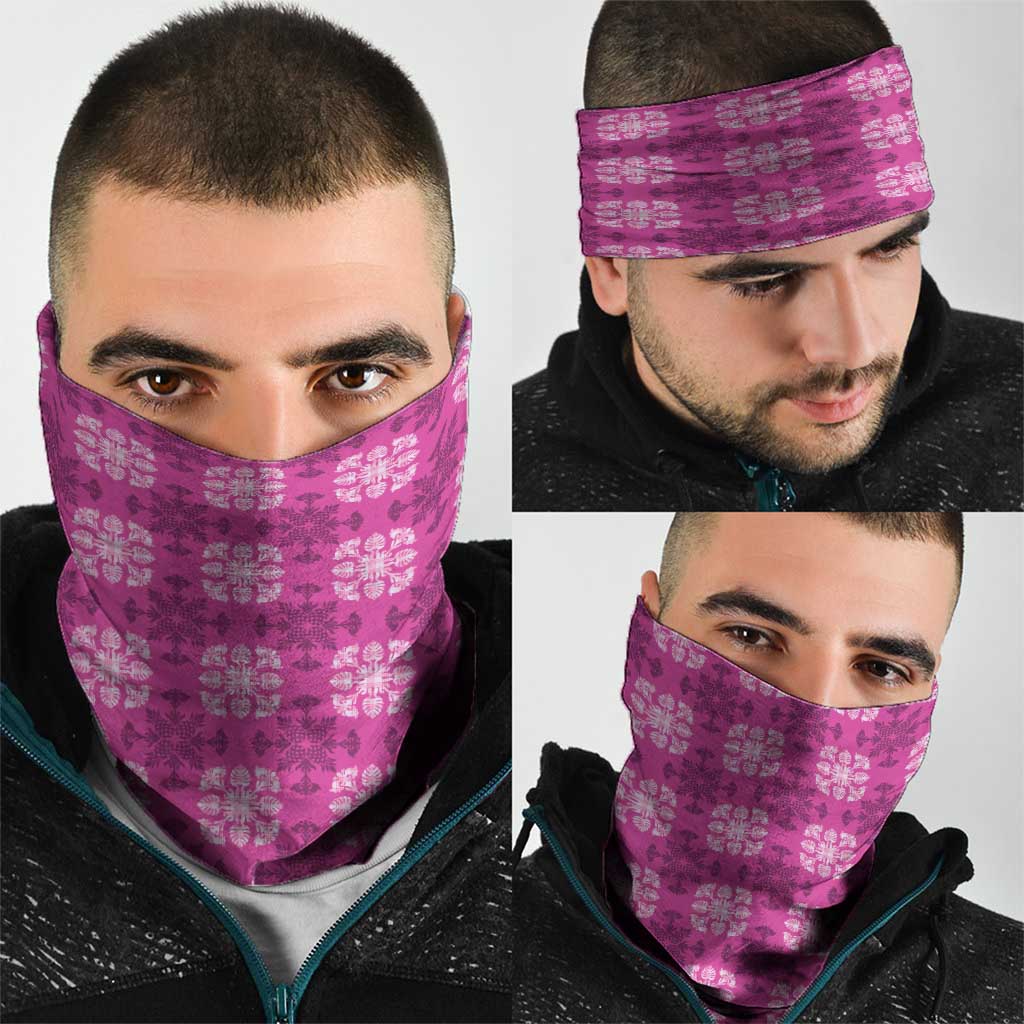 Pink Hawaiian Quilt Neck Gaiter Hawaii Pineapple Monstera Palaka Motifs - Polynesian Pride